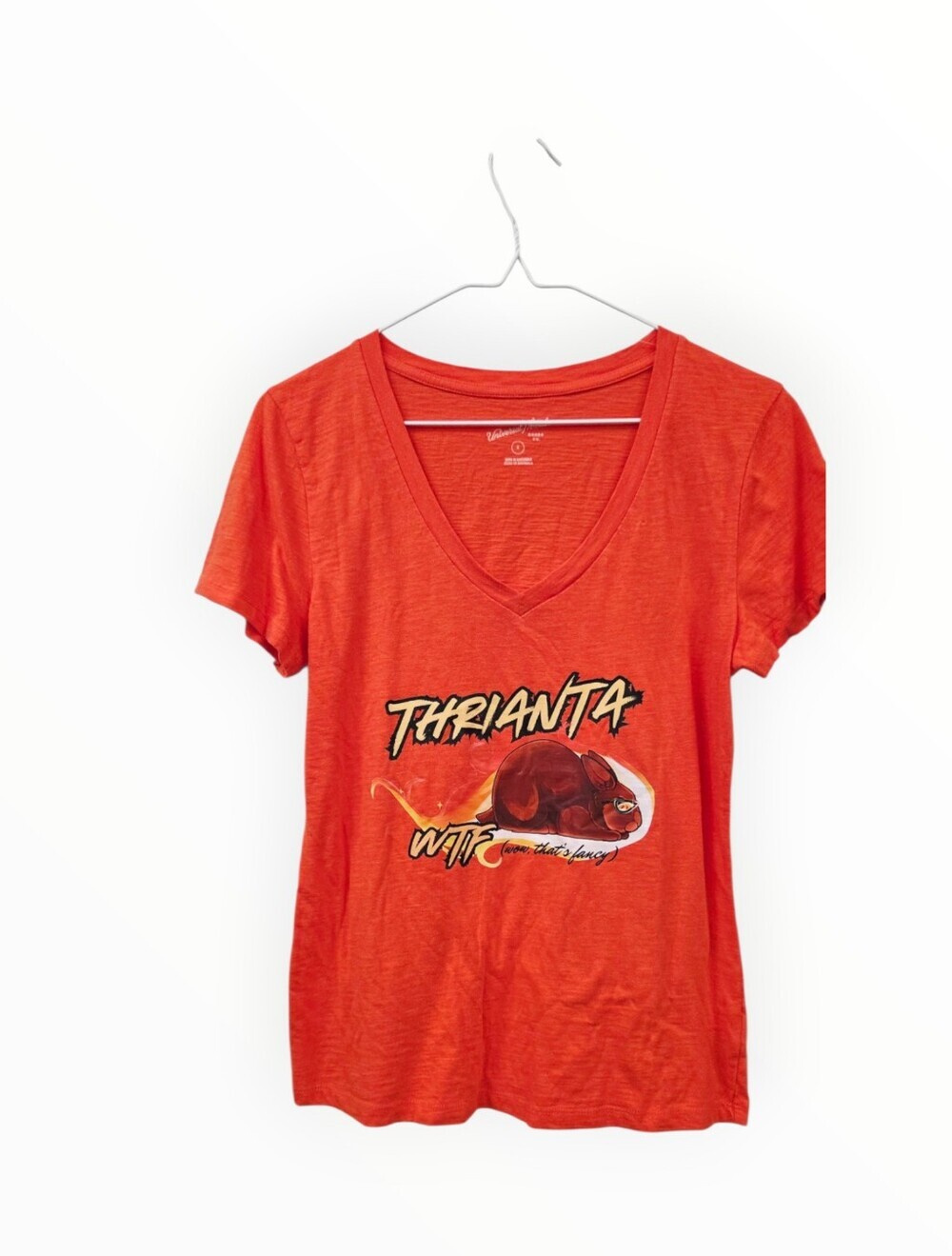 Red Graphic V-Neck Tee with Bunny Breed Illustration Thrianta